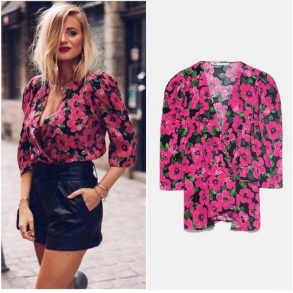Zara Pink Floral Voluminous Printed Blouse Size Medium - Picture 2 of 8